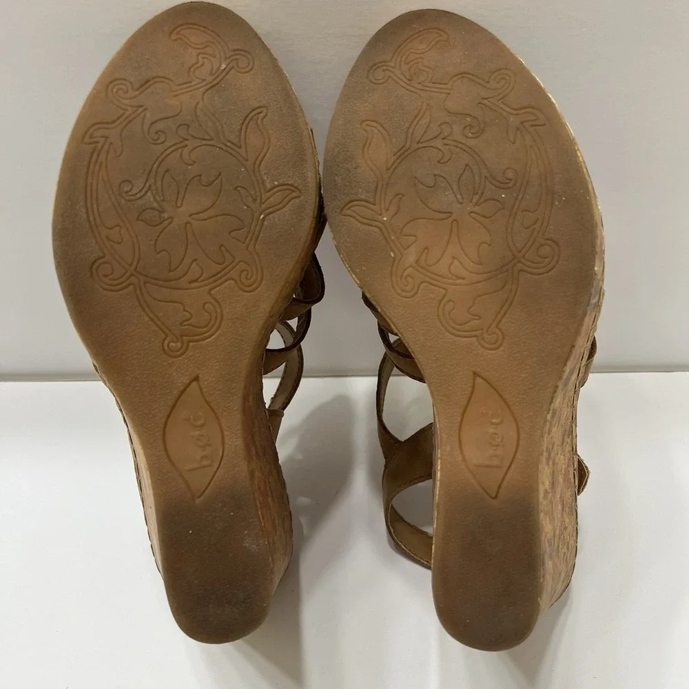 b.ø.c By Born Wedge Floral Cork Sole Sandals Brown Leather Cross Straps 6.5